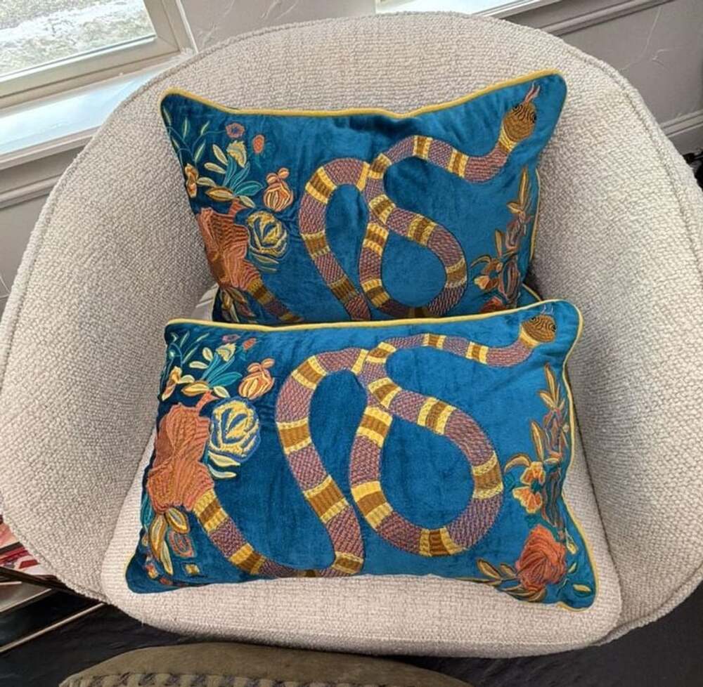 Blue Velvet Snake Embroidered Throw Pillow 11x18.5 One pillow